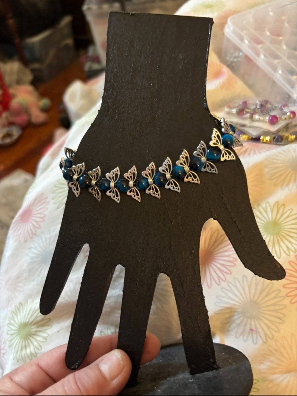 Blue Beaded Butterfly Charm Bracelet - Unbranded
